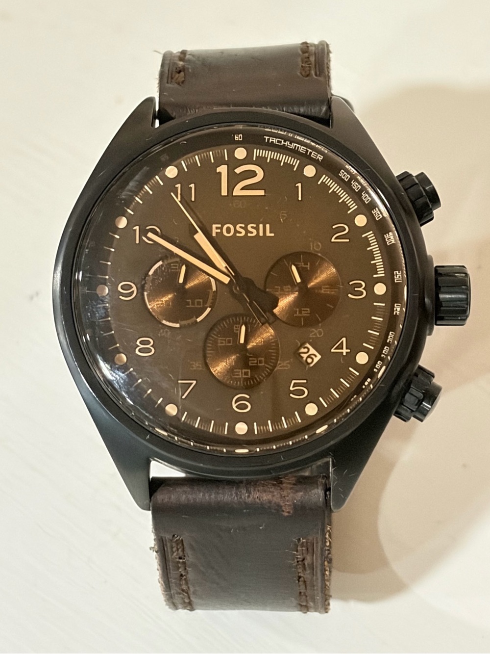 Fossil Black Chronograph Watch Leather Strap Large Face Men’s